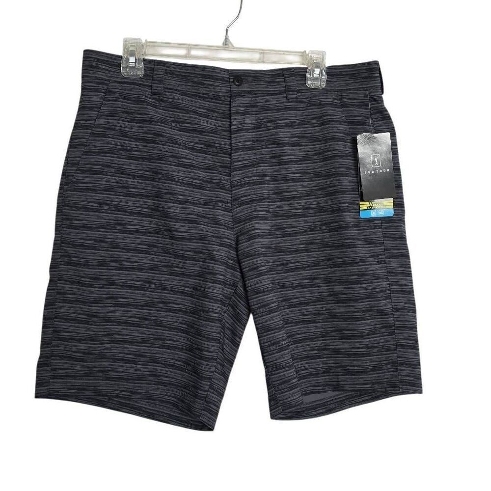 PGA Tour Men's Size 34 Gray Black Water Resistant Flat Front Golf Board Shorts